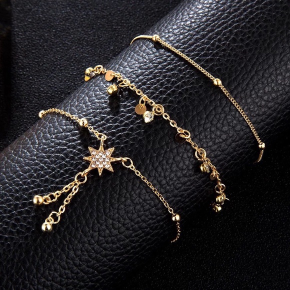 Bohemian 3 Pcs Crystal Star and Gold Anklet Set - Picture 9 of 10